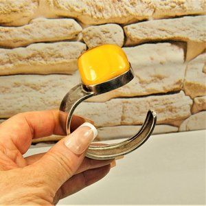 BOLD AMBER 925 SILVER ASYMMETRICAL BRACELET, Egg Yolk Amber Stone, Rare to Find